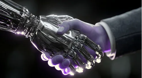A human hand and a robotic hand shaking hands — the trust this session teaches how to earn and verify